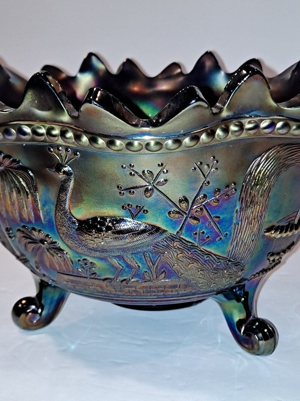 NORTHWOOD PEACOCK AT THE FOUNTAIN BLUE CARNIVAL GLASS FRUIT BOWL